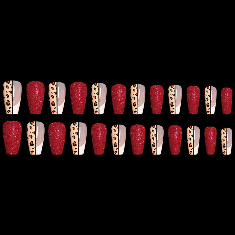 Red Jump Color Leopard Print Ballet False Nails-1