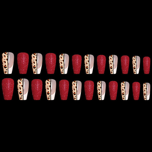 Red Jump Color Leopard Print Ballet False Nails-1