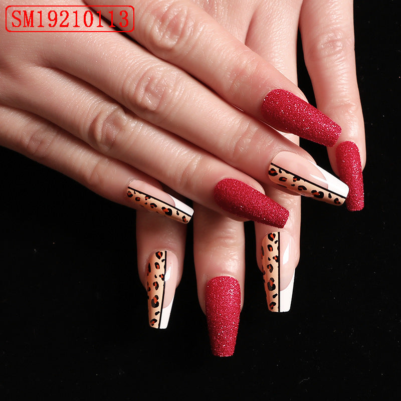 Red Jump Color Leopard Print Ballet False Nails-4